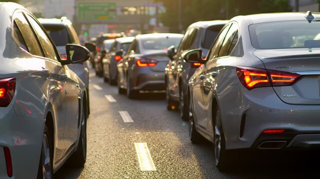 A static medium video captures sleek modern white and silver cars in stop-and-go urban rush hour traffic, backlit by golden hour sun with lens flare, an overwhelming urban congestion atmosphere.