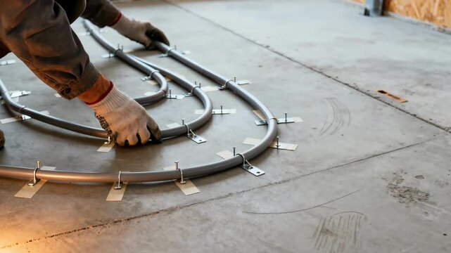 Closeup of hands securing flexible hydronic piping on concrete subfloor as part of radiant heat installation process.