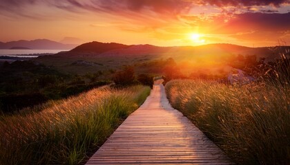 Fototapeta premium Serene Pathway Leading Towards Vibrant Sunset Over Calm Landscape In Tranquil Mode