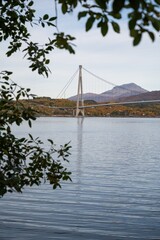Obraz premium Suspension bridge spanning calm waters with autumn foliage and mountains in Narvik, Norway. Perfect for Nordic travel photography, Norwegian tourism and Scandinavian landscape imagery.