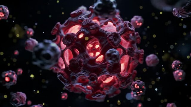 Intricate red bioluminescent sphere pulsates, orbiting dolly video reveals cellular organism in dark nebulous void with golden particles, scientific visualization of alien biology