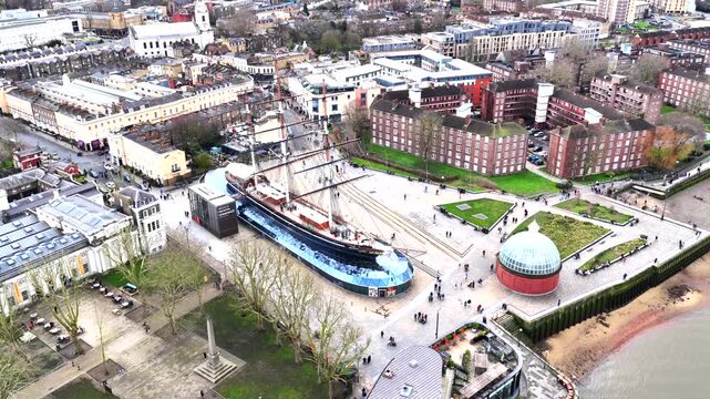Cutty Sark and Greenwich Foot Tunnel London 4K Aerial Footage