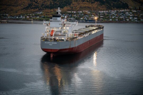 Large bulk carrier ship navigating Norwegian fjord waters near Narvik during evening hours. Residential hillside community visible in background with autumn foliage and maritime lighting.