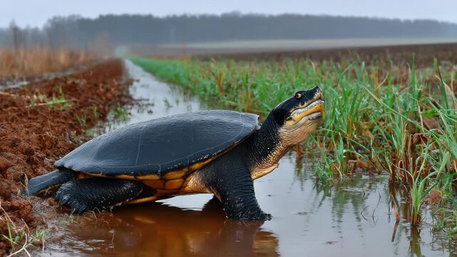 A turtle with a black shell, standing in water beside green grass and muddy farmland