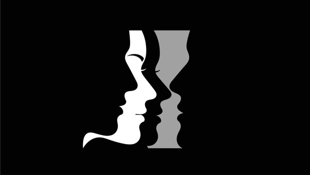 Abstract optical illusion featuring two opposing human face profiles forming a central goblet or chalice in black and white.