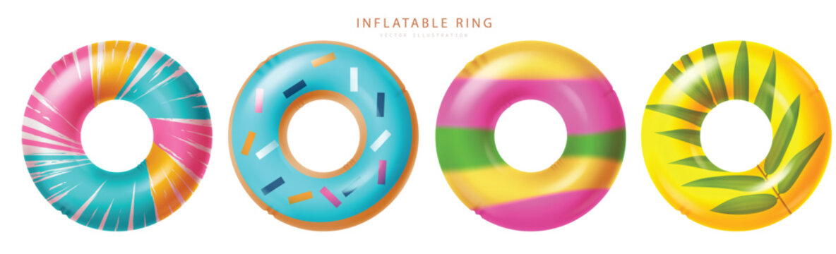 Summer inflatable ring vector element set. Summer inflatable rings, floaters objects collection for vacation swimming elements. Vector illustration summer floaters set.

