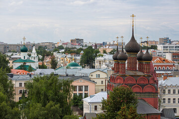 Yaroslavl, Yaroslavl Oblast, Russia. Aerial view of the historic center of Yaroslavl. In the foreground is the Church of the Epiphany, an architectural landmark. Travel along Russia's Golden Ring.