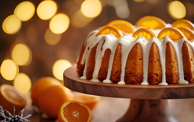 Bundt Cake With Orange Slices And White Glaze Holiday And Celebration Dessert Background For Marketing Or Recipes