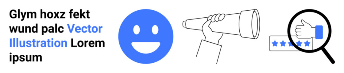 Fototapeta premium Customer feedback, user reviews, online reputation, vision, exploration, positivity. A blue happy face, a hand using a telescope, and magnified stars show user satisfaction and exploration concepts