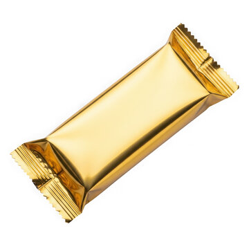 A golden chocolate bar with a shiny wrapper resting on a white background
