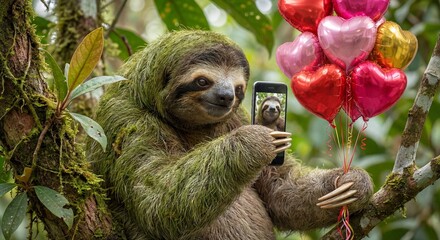 Naklejka premium Funny sloth taking a selfie with a smartphone and holding heart-shaped balloons in a tropical jungle, Valentine's Day