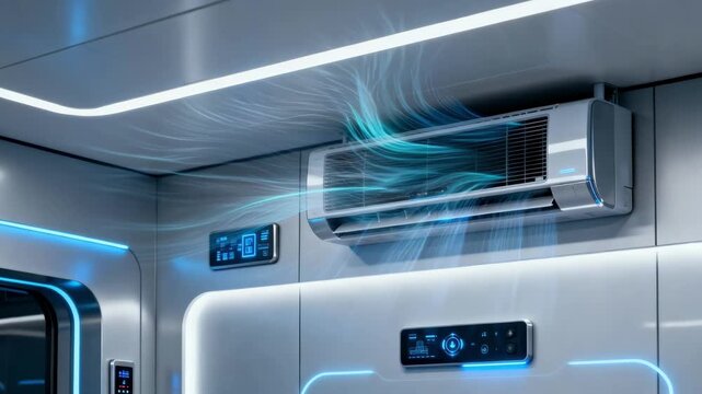Medium shot showing an energysaving AI HVAC system adjusting airflow and temperature in response to occupancy patterns in a sleek techdriven environment.