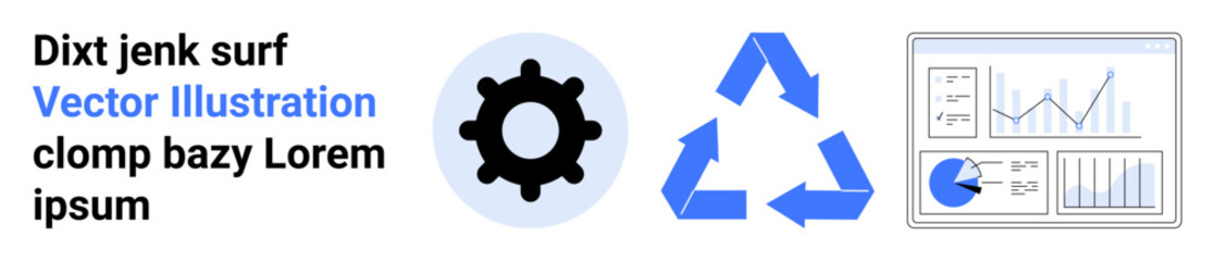 Fototapeta premium Gear representing process, blue recycling arrows for sustainability, and data analytics dashboard showcasing charts. Ideal for business, sustainability, process, analytics, strategy, eco-awareness