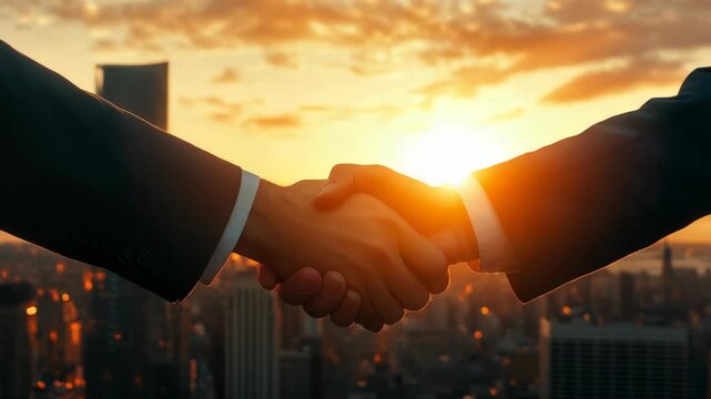 Business partners shaking hands at sunset.