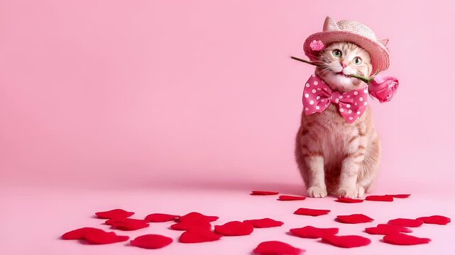 Mothers Day, Valentines Day, love holiday theme. A cat wearing a pink polkadotted bowtie and a straw hat, holding a rose in its mouth, against a pink background.