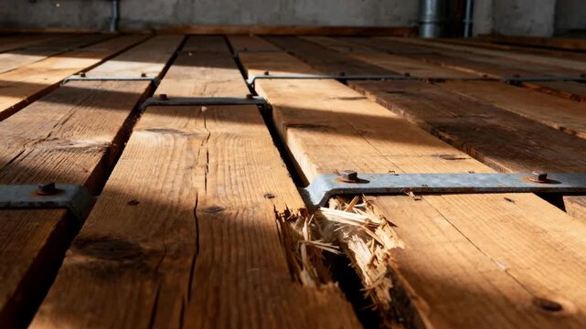 Medium shot of reclaimed wood panels showcasing industrialstyle floorboards with weathered metal accents and textured rough surfaces.