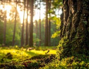 Macro of tree bark with moss and shelf mushrooms in a sunny forest
