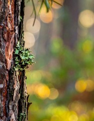 Macro of tree bark with moss and shelf mushrooms in a sunny forest