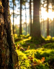 Macro of tree bark with moss and shelf mushrooms in a sunny forest