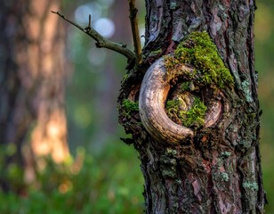 Macro of tree bark with moss and shelf mushrooms in a sunny forest