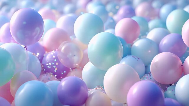 Birthday celebration theme for party event. A vibrant and festive scene with a multitude of pastelcolored balloons floating in the air, surrounded by a flurry of colorful confetti.