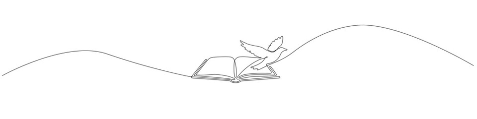 Concept of knowledge and freedom one line drawing, continuous line art featuring an open book and flying bird, minimalist single line illustration with smooth flowing lines and clean contour.