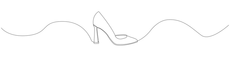 Elegant one line drawing of a high heel stiletto shoe, continuous line illustration featuring a minimalist fashion silhouette with an unbroken linear form and smooth flowing line.