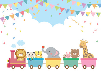 Cute animals riding a train illustration for kids
