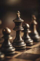 Fototapeta premium Black chess pieces arranged on a wooden chessboard with a focus on the king piece in the foreground, creating a strategic game setting