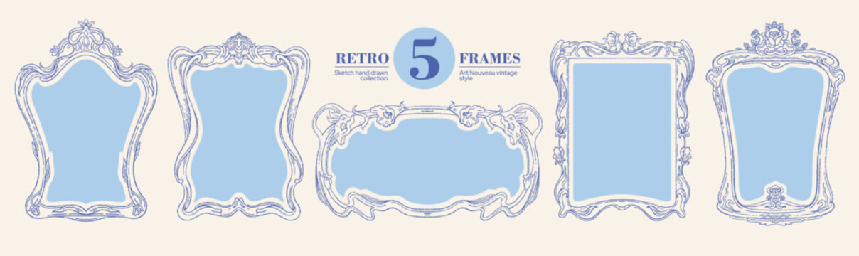 Frame in art nouveau style. Border for mirror picture photo. Vector vintage decorative ornament. Doodle frame bg. Painting oval floral shape. Victorian whimsical border pattern. Gallery invitation set