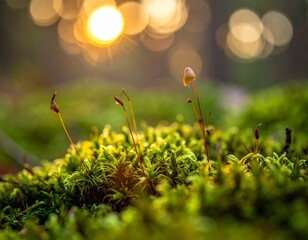 Macro Texture of Mossy Tree Bark with Shelf Mushrooms in Sun-Drenched Forest