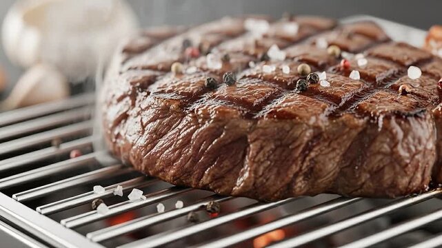 Juicy grilled steak with grill marks and seasoning sizzling on hot grill sizzling deliciously