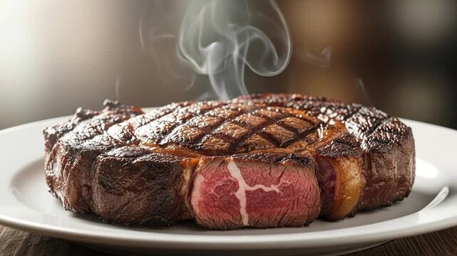 Juicy high-quality steak sizzling hot with grill marks and aromatic steam rising in a gourmet dining setting