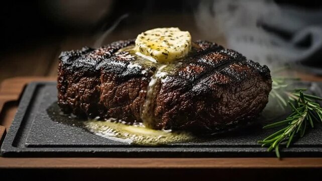 Juicy grilled steak with herb butter and fresh rosemary on a rustic wooden surface