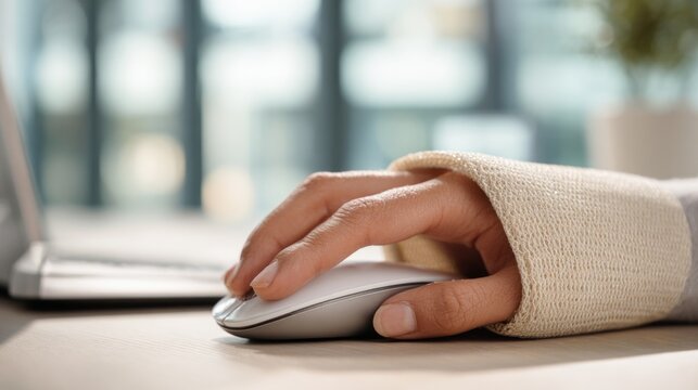 A person with a bandaged wrist using a computer mouse on a desk in a modern office