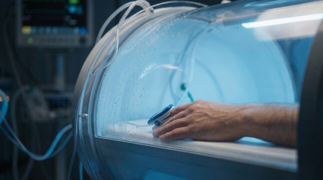 Close-up of hand with pulse oximeter inside hyperbaric oxygen chamber during medical session, patient monitoring in HBOT capsule
