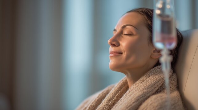 Patient receiving vitamin IV drip infusion therapy for immunity boost and hydration, relaxing during serotherapy treatment in wellness clinic