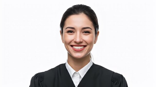 Confident Female Judge Smiling with Arms Crossed in Studio.