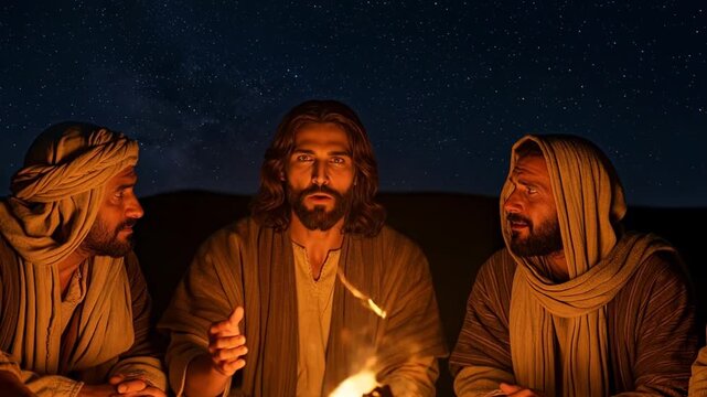 Jesus Christ sitting with his disciples around a campfire at night sharing