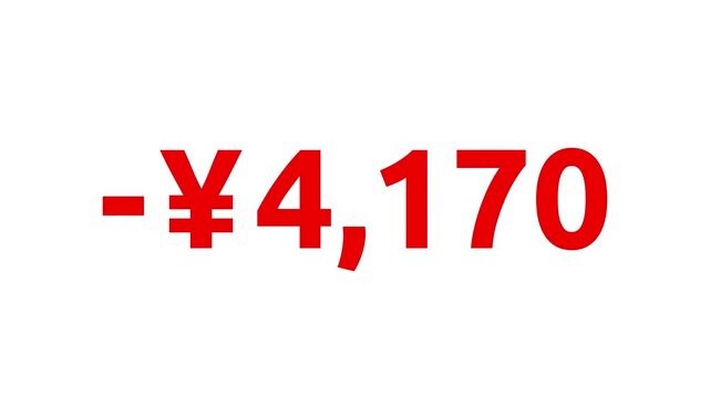 Count-down Japanese Yen animation from 0 to -10000 JPY. White, black, Green Screen background. Monetary amount or pricing. Animation starts and ends gently with ease-in and ease-out transition.