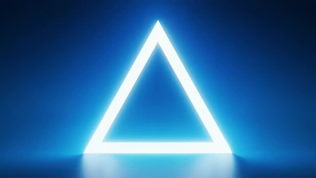 Glowing white triangle against a deep blue gradient background. Reflective floor