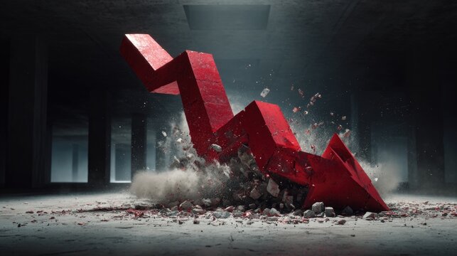 A large red arrow crashes to the ground in a dark room with debris flying everywhere.