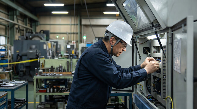 A technician in a hard hat works on industrial machinery inside a factory, focusing on adjusting controls and monitoring equipment.