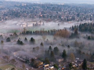 Aerial View Of Foggy Suburban Landscape In Burnaby, BC, Canada Over Trees And Fields © edb3_16