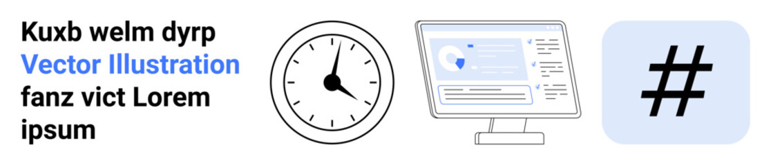 Obraz premium Analog clock, computer monitor with data, metadata tag icon illustrating time, productivity, analytics, social media, digital strategy, teamwork, marketing and simple landing page