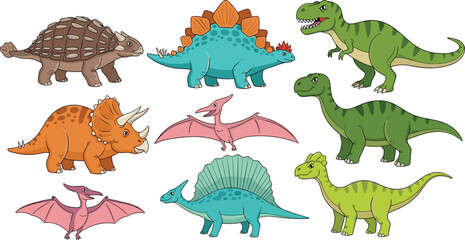 Colorful cartoon dinosaurs and prehistoric creatures including T‑rex, Triceratops, Stegosaurus, Pterosaurs, Sauropods, and Spinosaurus, playful educational illustration for kids, science © Creative Minds