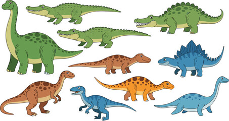 Colorful cartoon dinosaurs and prehistoric reptiles collection with sauropods, theropods, and armored species, playful educational illustration for kids, science, and prehistoric themed projects © Creative Minds