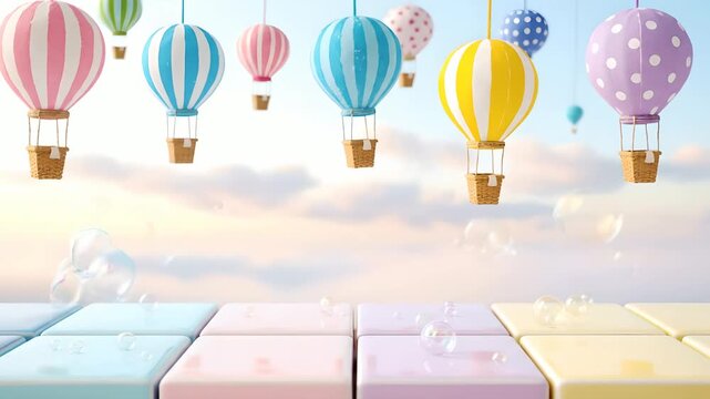 Floating pastel hot air balloons above a colorful block grid with rising bubbles create a whimsical, dreamy background for children's content, baby product ads, or sweet celebrations.