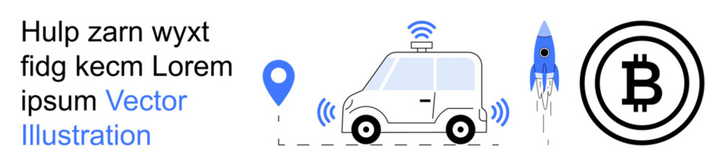 Obraz premium Autonomous driving, fintech trends, cryptocurrency transactions, blockchain, GPS tracking, space innovation. Self-driving car, Bitcoin icon rocket. Autonomous driving and fintech concepts
