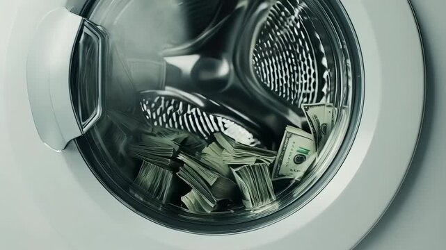 A washing machine's interior filled with stacks of cash, symbolizing money laundering
